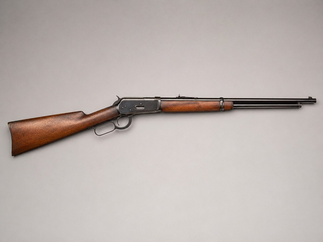 An 1873 lever-action rifle on a dark surface, walnut stock, blued barrel, case-hardened receiver, hand-fitted. The reference object for Wimberly guitar design.