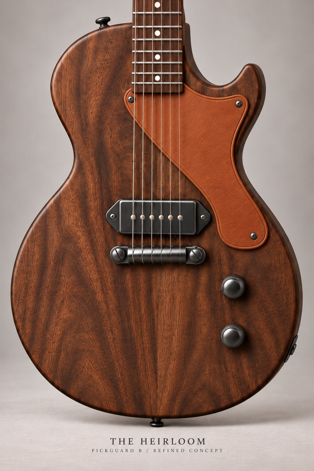 Earlier AI study of The Heirloom's pickguard shape in natural leather, with a fine inset border, beside a darkened steel dogear P-90 cover and two dome knobs on walnut.