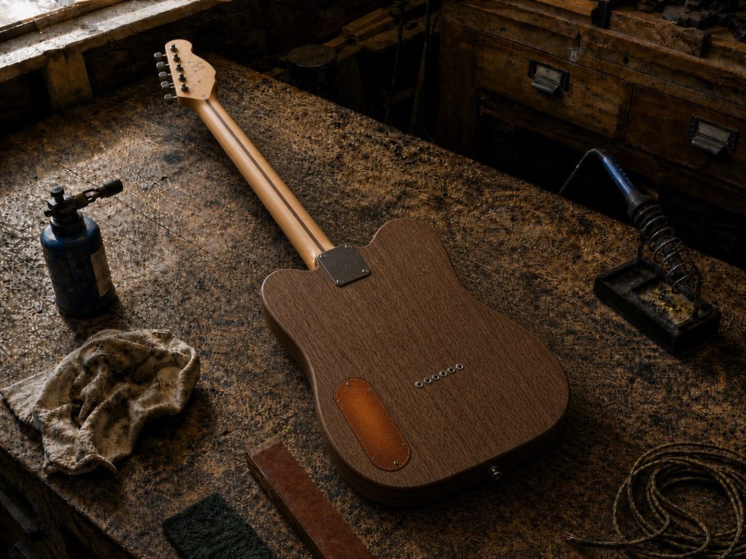 The Jack guitar back view on the bench, rear-routed control cavity with hand-dyed leather oval cover, walnut grain, neck plate, ferrules.