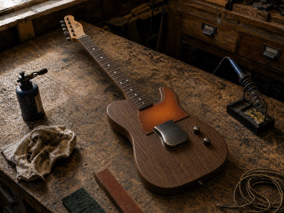 A Wimberly guitar on the bench, surrounded by the tools that made it, an invitation to start a commission.