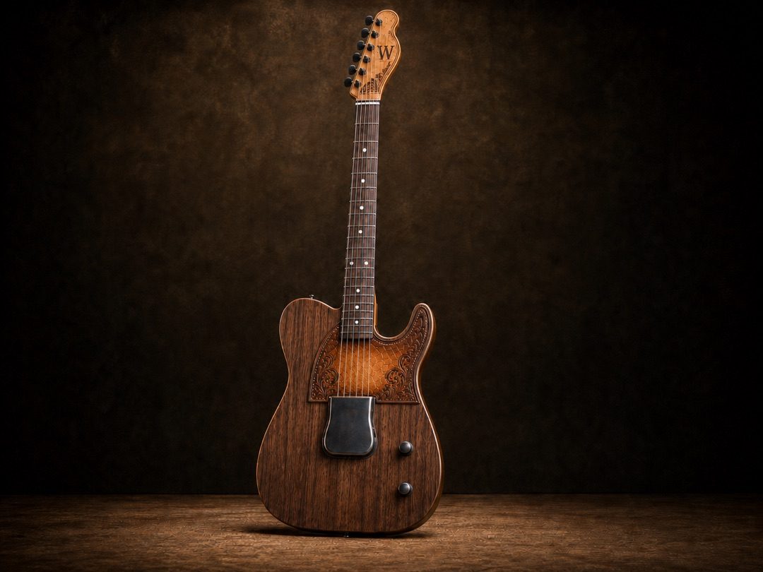 The Jack, walnut body, fire-colored steel hardware, single pickup, leather pickguard detail.