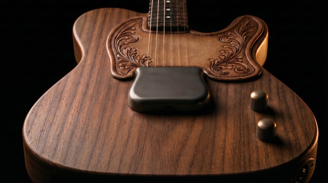The Jack close-up, walnut body, hand-tooled leather pickguard, blackened ashtray bridge cover, and antique bronze Telecaster dome knobs.