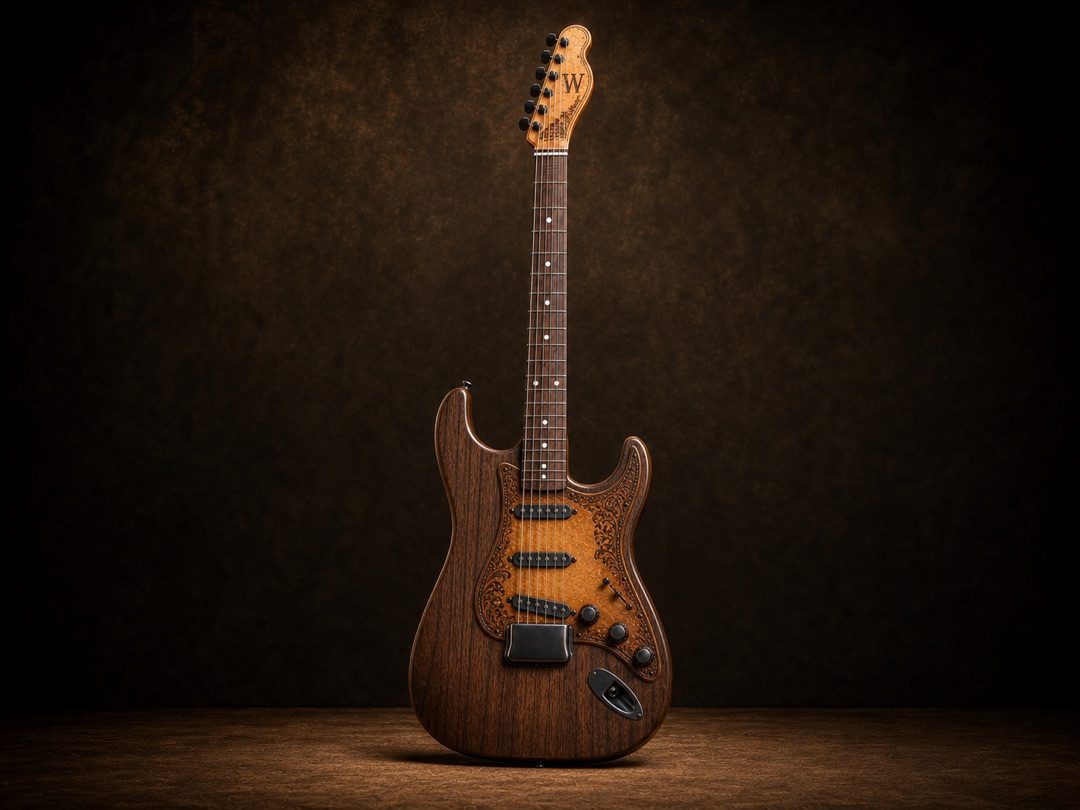 The Lucio, walnut body with full hand-dyed leather sunburst pickguard and three Antiquity pickups.