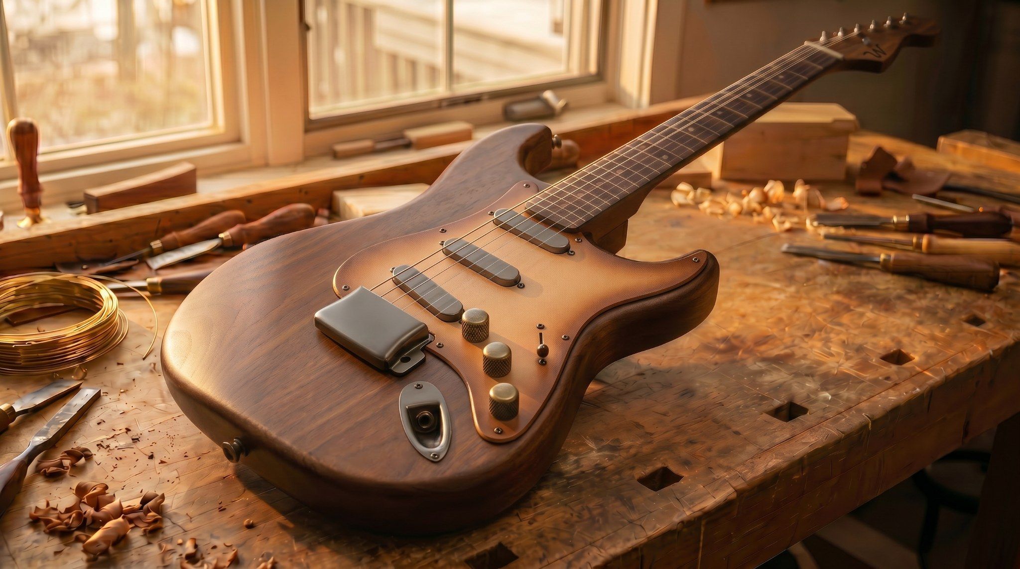 The Lucio on the workshop bench, walnut body with satin Tru-Oil finish, full leather sunburst pickguard, three single-coil pickups, dome knobs, and a small burned W on the headstock.