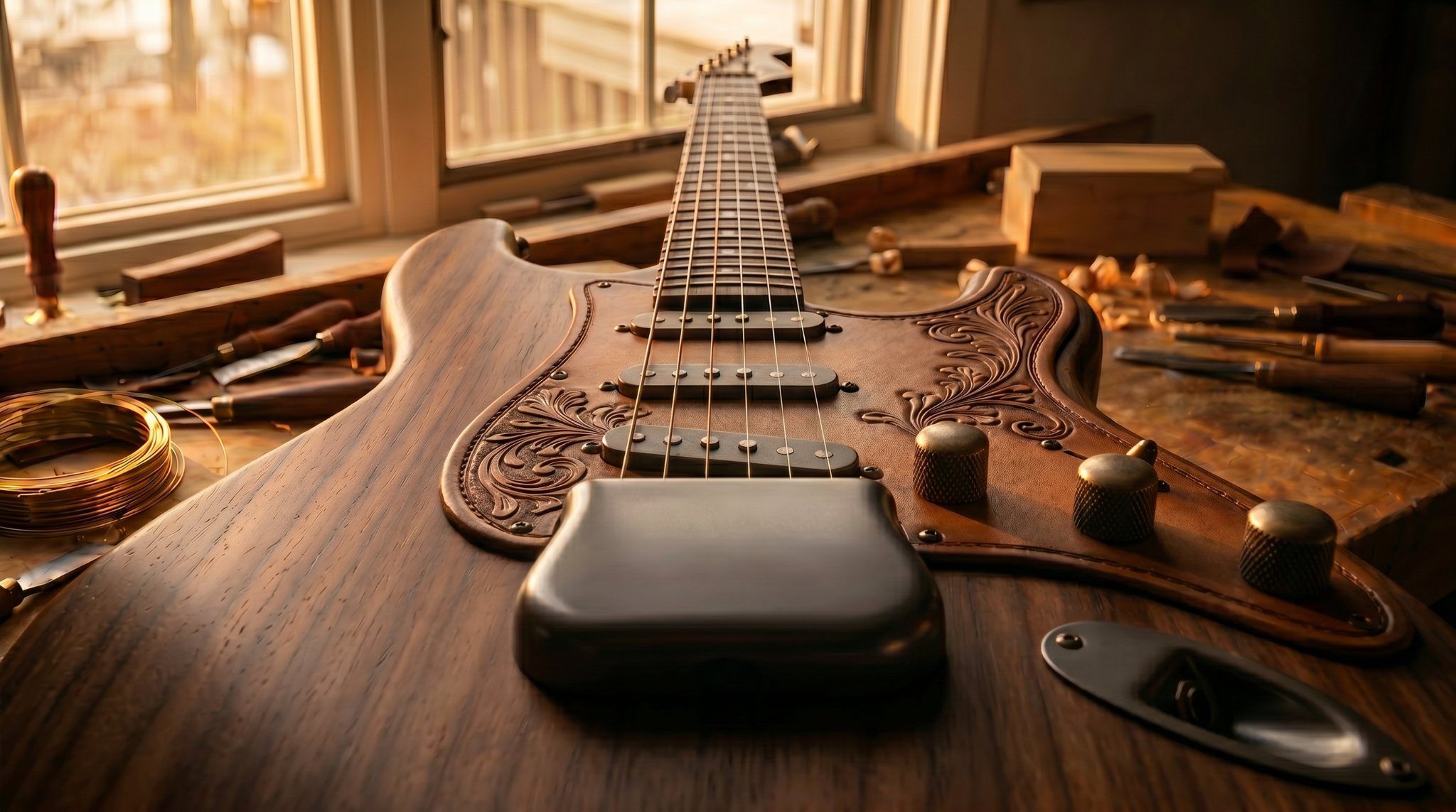 The Lucio on the Wimberly workshop bench, walnut body with satin Tru-Oil finish, hand-dyed leather sunburst pickguard, three single-coil pickups, and warm shop light.