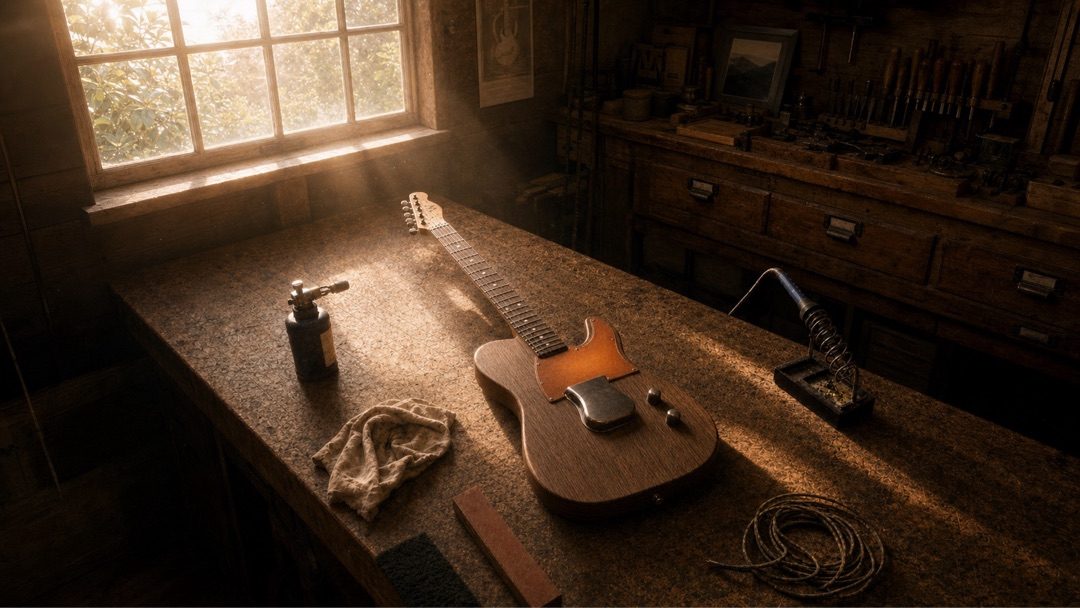 Warm workshop bench light with wood, oil, and guitar parts.