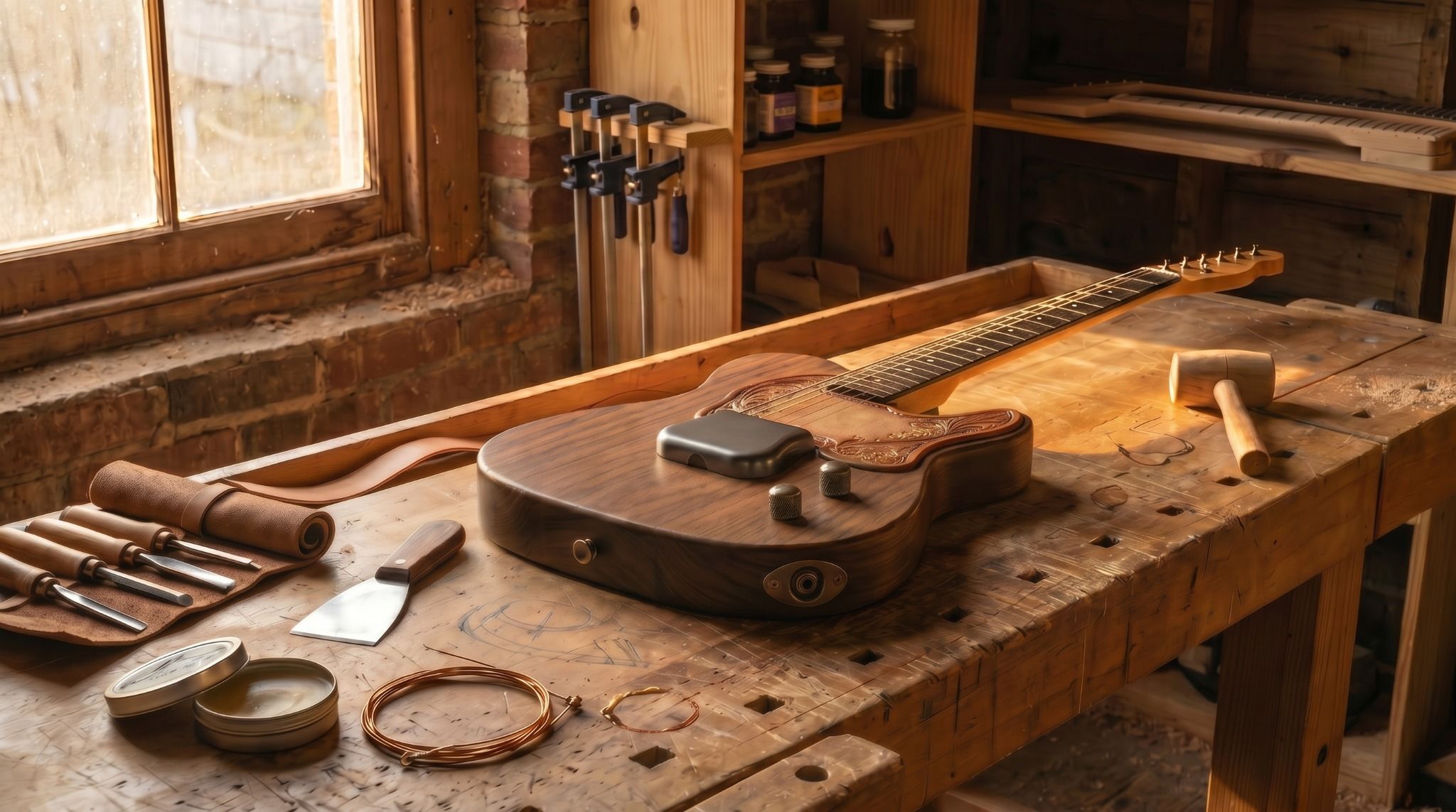 The Jack, a walnut Wimberly electric guitar with a leather pickguard, resting on a sunlit workshop bench.